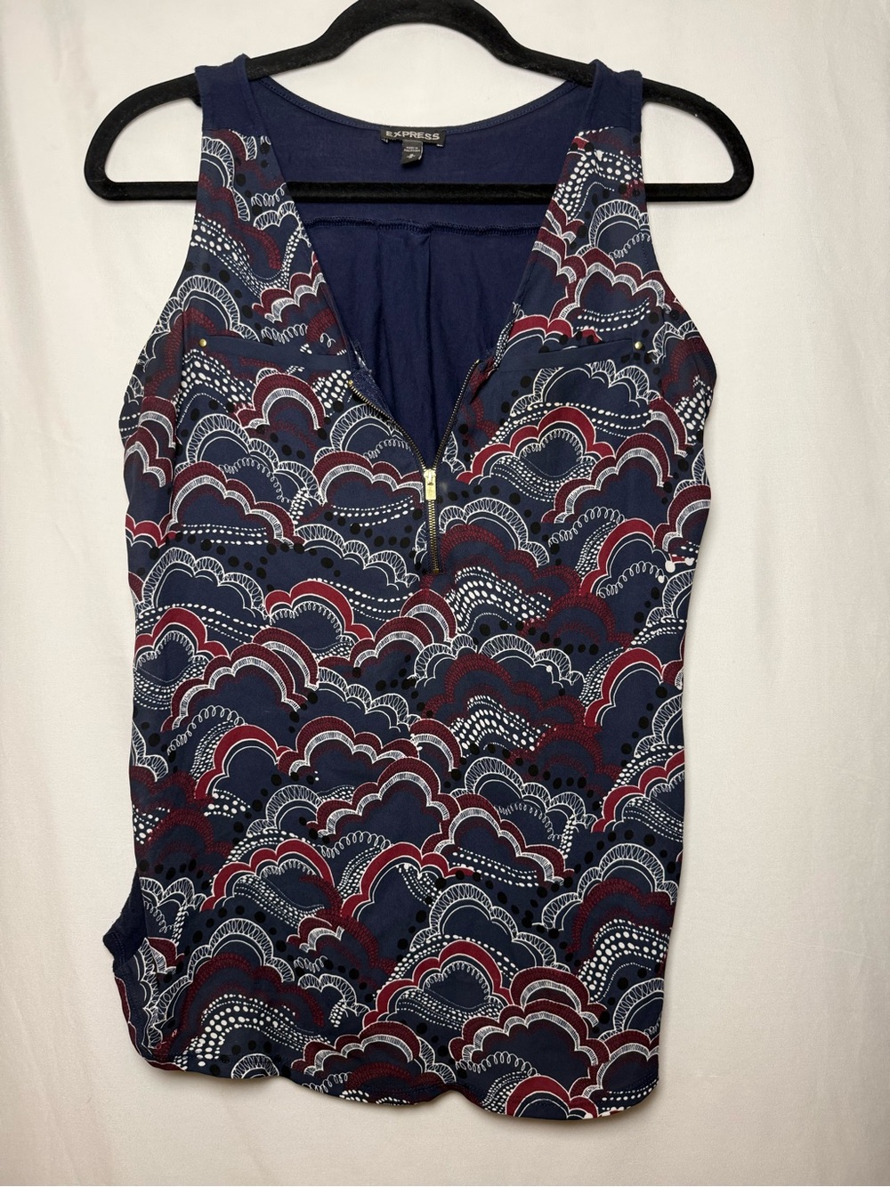 Express Navy, White & Burgundy Patterned V-Neck Zip Tank